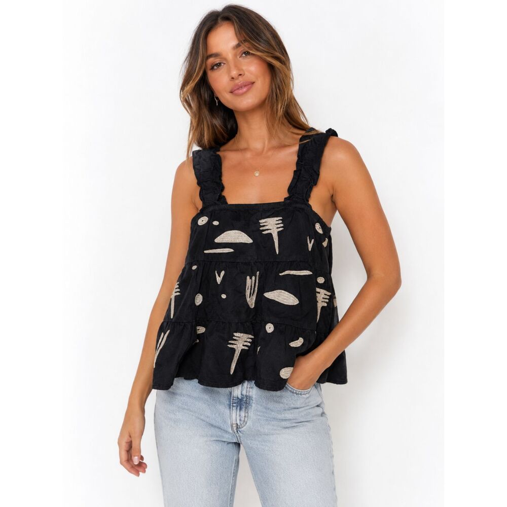 THML Black Embroidered Tiered Babydoll Tank Top Small Boho Ruffle Strap